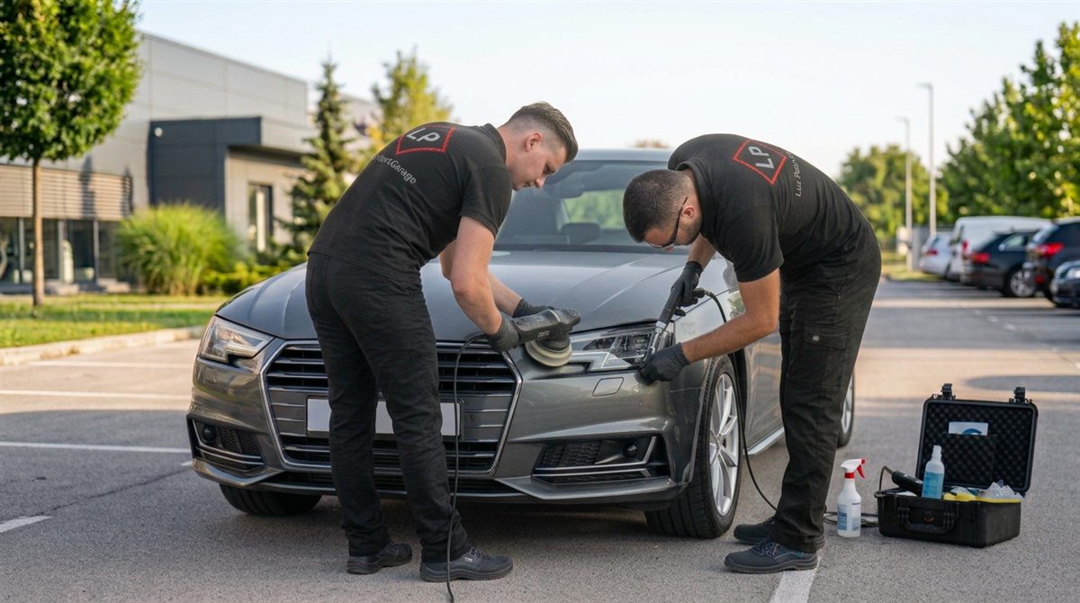 Polimerizacija farova Niš — mobilni tim na terenu polira far vozila